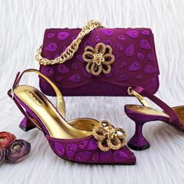 Dress Shoes Beautiful Purple 7.5CM Med Heel Women Match Purse With Crystal Decoration African Dressing Pumps And Bag Set MM1142