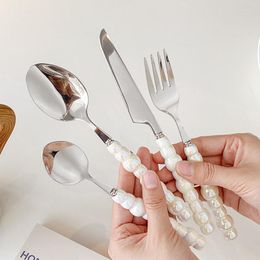Dinnerware Sets TingKe Korean Ins Style Imitation Pearl Handle Stainless Steel Knife And Fork Spoon Modern Minimalist Household Metal