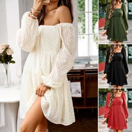 2023 Autumn Square Neck/Boat Neck Elegant Long Sleeve Short school girl Dress lace peplum midi dresses