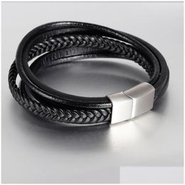 Charm Bracelets Classic Genuine Leather Bracelet For Men Mtilayer Black Brown Woven Rope Wristband Stainless Steel Clasp Boys Cool J Dhp3O