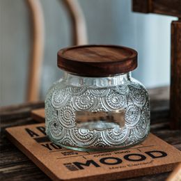 Candle Holders Vintage Flower Pattern Glass Storage Jar With Lid Home Candy Coffee Bean Bottle Kitchen Food Seasoning Sugar 230705