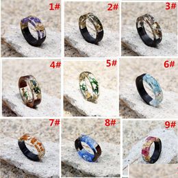 Band Rings New Handmade Wood Resin Gold Foil Flowers Plants Inside For Women Men Fashion Diy Jewelry Gift Drop Delivery Ring Dhahg