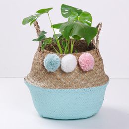 Films Ins Foldable Natural Seaweed Woven Straw Basket Storage Pot Garden Flower Vase Hanging Picnic Wicker Storage Basket Home Decor