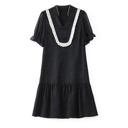 2023 Summer Black Solid Color EmbroideryDress Short Sleeve V-Neck Knee-Length Casual Dresses W3L042306