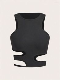 Women's Tanks Grunge Punk Sexy Cut Out Rib Knit Tank Top For Women Summer Black Solid O-neck Asymmetric Sleeveless Crop Streetwear Y2K