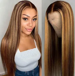 Highlight Wig Straight Human Hair Wigs Ombre Honey Blonde Coloured Lace Wig For Women 150% Density Brazilian