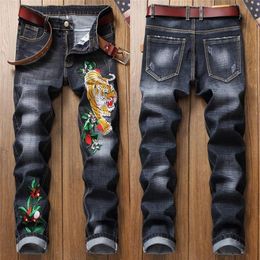 Male Jean hole badge embroidery style denim trousers pants Fashion Men's Casual Slim Patch Jeans Drop Torn Ripped Man335q