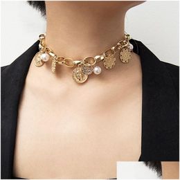 Pendant Necklaces Vintage Bohemian Choker For Women Faux Pearl Coin Emboss O Shape Gold Sier Chains Fashion Boho Jewellery Gift Drop D Dhrri