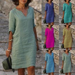 Casual Dresses Cotton Linen Knee Length Dress For Women Summer Solid Colour Short Sleeve Shirt Vintage Party Beach Women's