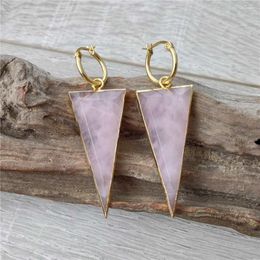 Dangle Earrings FUWO Carved Triangle Shaped Rose Quartzs Gold Color Plated Handmade Natural Pink Crystal Hoop Earring ER426 5Pairs/Lot