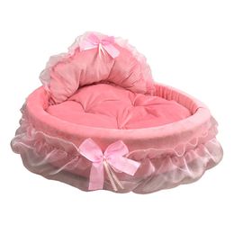 Cat Beds Furniture Hanpanda Fantasy Bow Lace Dog Bed Romantic 3D Detachable Oval Pet Princess Year Soft Sofa Nest Wedding Gift 230704