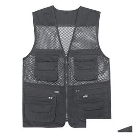 Men'S Tank Tops Casual Loose Cotton Men Vest V-Neck Mesh Zipper Sleeveless Mens Jacket Spring Summer Male With Many Pockets 220316 D Dhntg