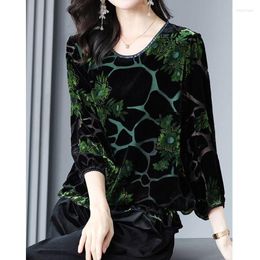 Women's T Shirts 3D Black Shape Printing Dark Green Golden Velvet Floral Pattern Sequin Neckline Top Inlaid Diamond Women T-Shirts Plus Size
