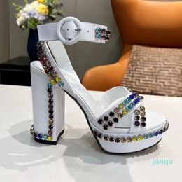 Sandals women's high-heeled women's sandals luxury designer thick-soled classic front water platform 3cm embellished ankle strap wedding heel 12cm factory model