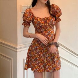 Casual Dresses Impressionism Vintage Dress With Draw String Summer Women Puff Sleeve Floral Slim Cottagecore 2023 Short Large