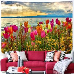 Tapestries Beautiful Sea Nature Flower Large Tapestry Beach Landscape Fabric Wall Design Living Room Decoration Garden posters for outside R230705