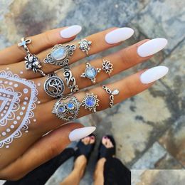 Cluster Rings Bohemian Antique Sier Midi Finger Set For Women Crystal Diamond Turtle Cross Lotus Knuckle Fashion Jewelry In Bk Drop Dha4G