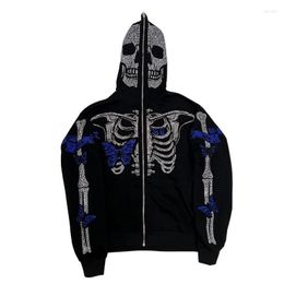 Men's Hoodies Hip Hop Winter Zipper Men Women's Sweatshirts Streetwear Goth Skull Butterfly Graphic Rhinestone Hoody Unisex Y2k Coats