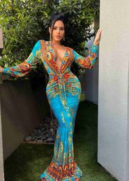 Casual Dresses Felyn 2022 High Quality New Design Dress Luxury Print Bandage V-neck Long Sleeve Sexy Club Maxi Dress Vestido J230705