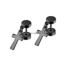 Dangle Chandelier Titanium Steel Dumbbell Cross Design Stud Earrings For Men Women Punk Crucifix Double Sided Screw-Back Hypoaller Dhcr0