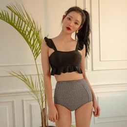 Women's Swimwear Fashion Two Piece Swimsuit For Women&Girl Black Ruffled Plaid High Waist Tankini Set Summer Beach