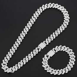 Chains 15mm Miami Prong Cuban Chain Silver Necklace 2 Rows All Ice Bracelet Set Men's Hip Hop Chain 230704