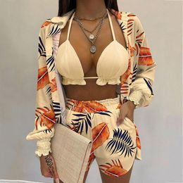 Women's Tracksuits 2023 High Waist Beach Shorts Sets Women's Swimsuit Three Pieces Swimwear Sexy Beachwear Bathing Suit Cover Up Summer