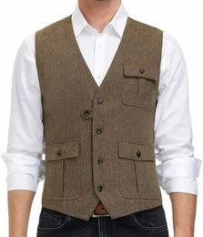 Men's Vests Brown Burgundy Green Blue Suit Vest For Men Wool Tweed Casual Waistcoat Formal Business Groomsmen Wedding 230705