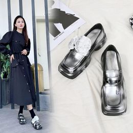 Dress Shoes Spray Paint Personalized Silver Flower Leather Platform Loafers Slip On Patent Pumps Women Sandalias Mujer Verano