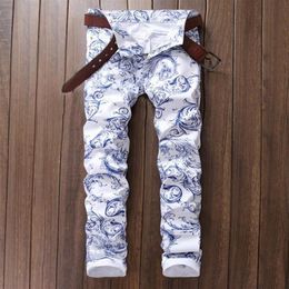 Whole- Men's Fashion Slim Fit White Spray Flower Print Jeans Male Casual White Cotton Pants US Size 29-38196G