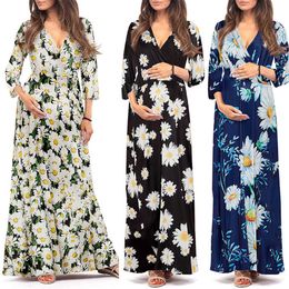 2023 Sht V-neck Small Daisy Print Long Sleeved Breastfeeding Maternity size clothes winter Dress maxi dresses for pregnants Pregnant Women
