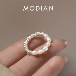 With Side Stones Modian 925 Sterling Silver Exquisite Baroque Pearl Adjustable Size 6 9 Finger Rings For Women Fine Geometric Fashion Jewelry 230704