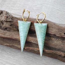Dangle Earrings FUWO Carved Triangle Shaped Amazonite Gold Colour Plated Handmade Natural Green Crystal Hoop Earring ER428 5Pairs/Lot