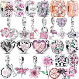 For pandora charms sterling silver beads Pink Series Paw Prints Flowers Butterfly Mom Tree Sweet Girl charmes ciondoli