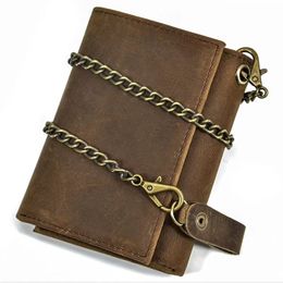 Crazy Horse Leather Men Wallet Short Fashion Purse Vintage Credit Card Holder Coin Pocket KeyHolder Clutch Bag with Anti-chain