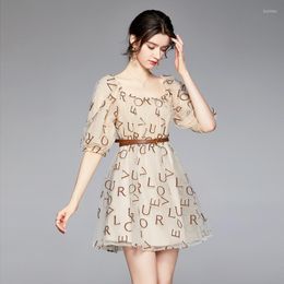 Party Dresses Menahem Summer Net Yarn Letter Embroidery Short Dress Women Square Collar Puff Sleeve French Mesh Embroidered With Belt