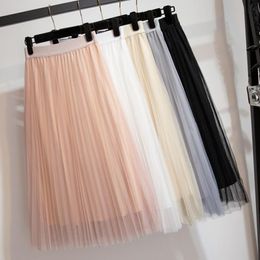 Dresses Women's Tulle Plain Pleated Skirt 2019 New Fashion Black Beige White Pink Grey Mesh Midi Skirt High Waist Woman Skirts 3 Layers