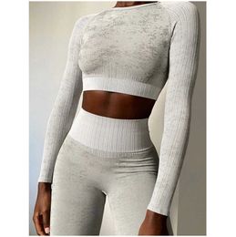 Yoga Outfits Rid Seamless Set Women 2pcs Two Piece Long Sleeve Crop Top TShirt Leggings Clothes Gym Wear Fitness Suit Sport 230209