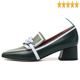 Dress Shoes Med Block Elegant Heels Women Square Toe Genuine Leather Slip On Loafers Chain Office Ladies Pumps Work Colour Mixed