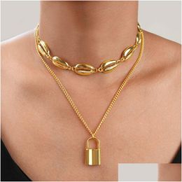 Pendant Necklaces Women Sea Shell Choker Mti Layered For Girls Gold Sier Padlock Lock Chains Fashion Bohemian Jewellery Gift Drop Deli Dh9Ud