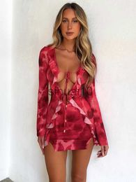 Casual Dresses Summer Print Mini Dress Sexy Mesh See Though Ruffle Bodycon Dress Fashion Bandage Long Sleeve Club Party Beach Outfits 2023 J230705