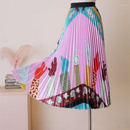 Skirts Ready Stock Pleated Skirt Women Summe Print Cartoon Pattern A-line High Waist Casual