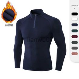 Men's T-Shirts Men autumn and winter with velvet fitness clothes T shirt stretch tight sports running long sleeves warm standing collar hoodie J230705
