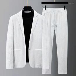 Men's Tracksuits Drawstrin Pants Blazers Sets Tracksuit Sprin Autumn Pleated Suits Tin Casual Formal Outfits Black Wite Sinle Button