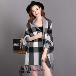 Bur home Boutique plush scarf on sale 2023 Summer Autumn and Sleeved Shawl Checkered Cloak Knitted Coat Medium Length Warm Thick Versatile Air Conditioned