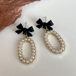 Dangle Earrings Lovely Black Bow Drop For Women Pearl Korean Fashion Hollow Out Oval Party Golden Jewelry Gift