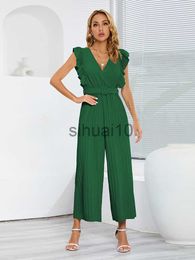 Women's Pants Capris M 2023 New Sexy Slim Jumpsuits High Waist Sleeveless Ruffle V Neck Pleated Wide Leg Pants Women For Fashion J230705