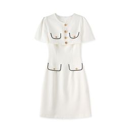 2023 Summer White Solid Color Dress Short Sleeve Round Neck Buttons Knee-Length Casual Dresses W3L045908