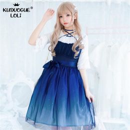 skirt Lolita Dress Women Summer Party Dress Starry Sky Gradient Blue Suspender Chiffon Fairy Dress Mori Girl Spring Sweet Cute Costume