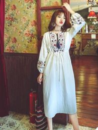 Ethnic Clothing Fashion Pure Color Round Neck Lace Accessory Dress Loose Temperament Sleeve Embroidered Cotton Linen Factory Direct Sales